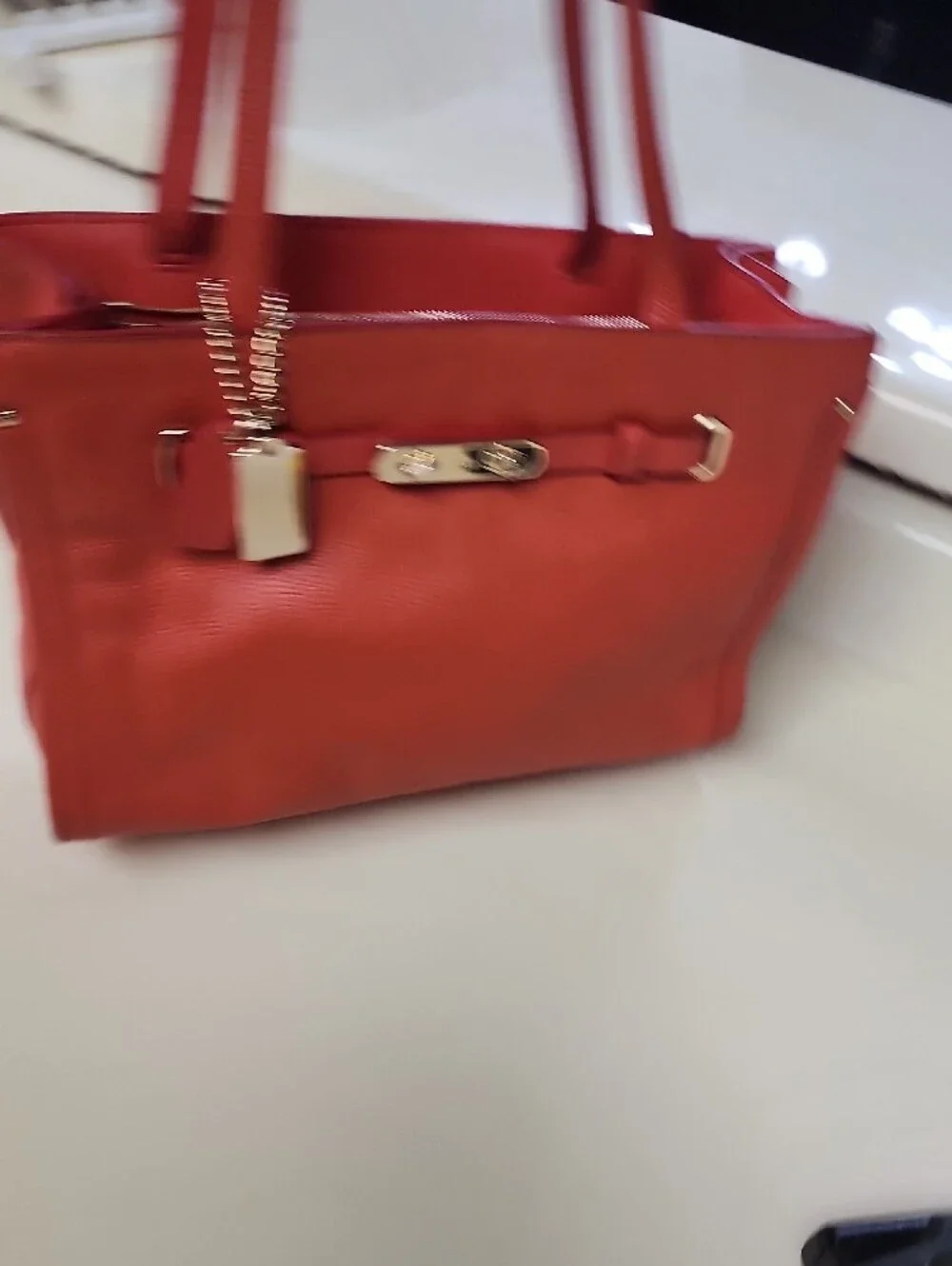 Coach Coral Red Pebbled Leather Tote with Gold Hardware